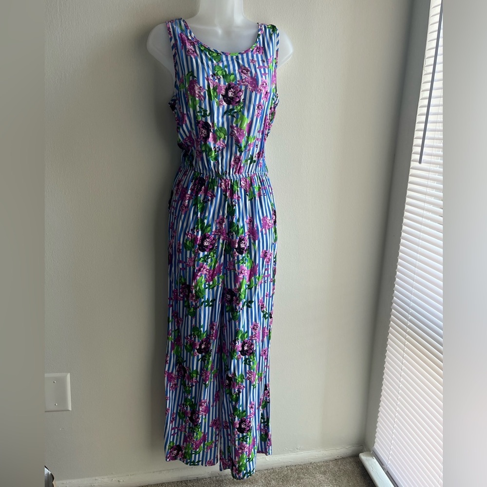 Floral Roses Stripe Wide-Leg Jumpsuit in Green Blue & Pink Size Small